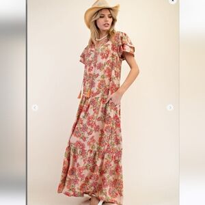 Easel Boho Floral Short Sleeve Maxi Dress New